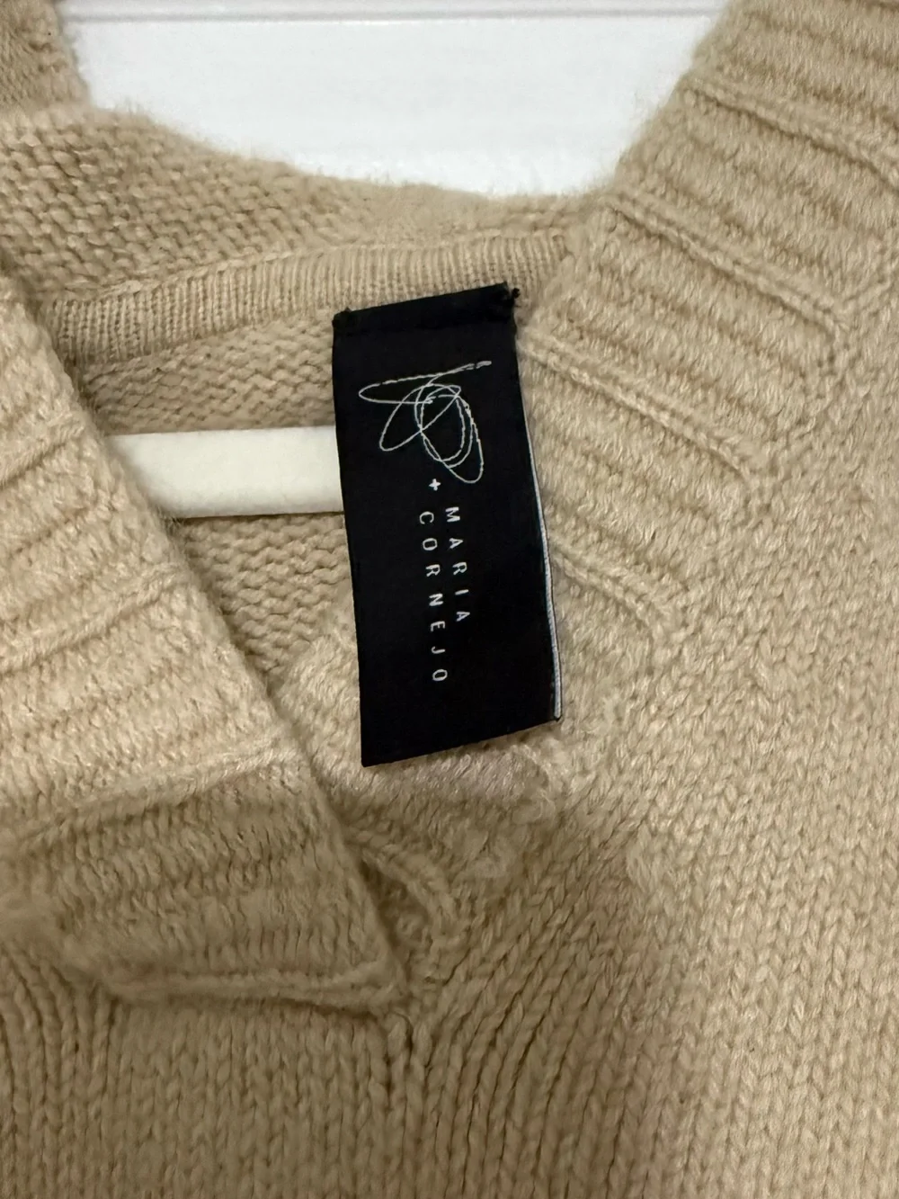 Relaxed V-Neck Knit Poncho Sweater in Neutral Tan